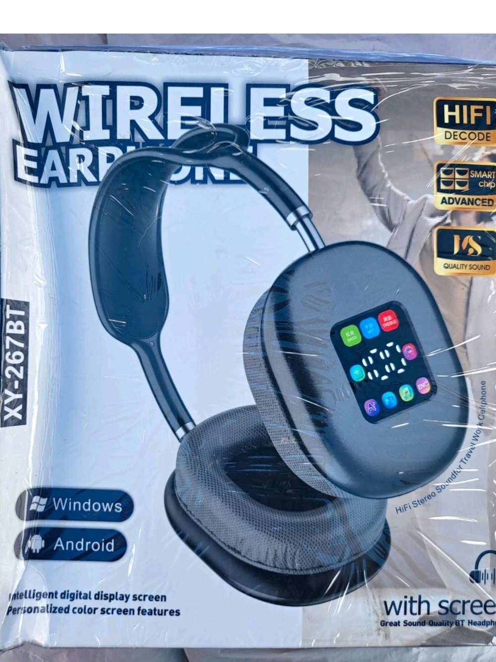Wireless Over-Ear Headphones with Digital Color Screen - Black
